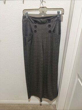 Max Studio Gray Plaid Wide-Leg Trousers with Button Detail